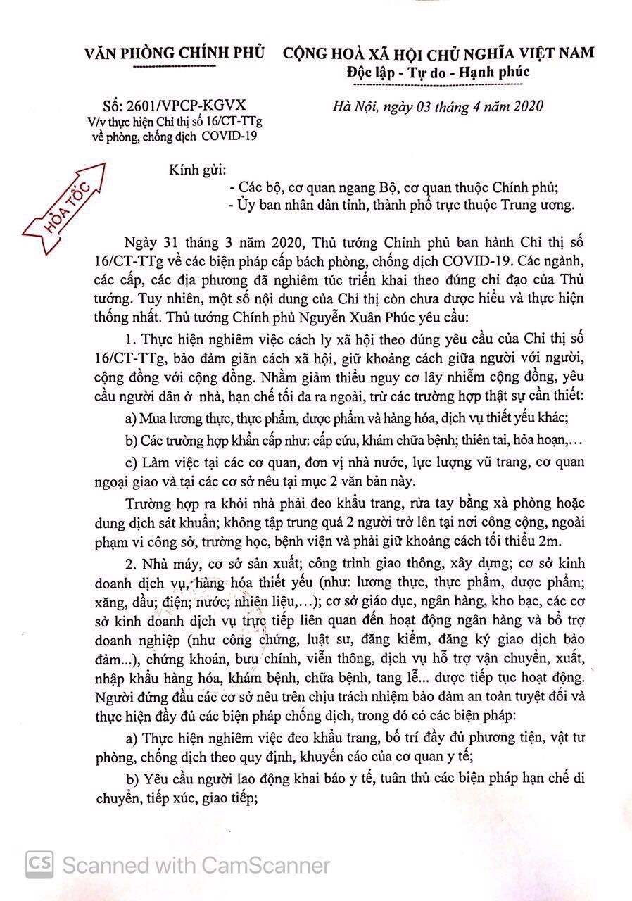 Cong VÄƒn Sá»' 2601 Vpcp Kgvx Ngay 03 4 2020 Vá» Viá»‡c Thá»±c Hiá»‡n Chá»‰ Thá»‹ Sá»' 16 Ct Ttg Vá» Phong Chá»'ng Dá»‹ch Covid 19 Cac VÄƒn Báº£n Chá»‰ Ä'áº¡o Cá»§a Ä'áº£ng Nha NÆ°á»›c Cá»•ng Thong